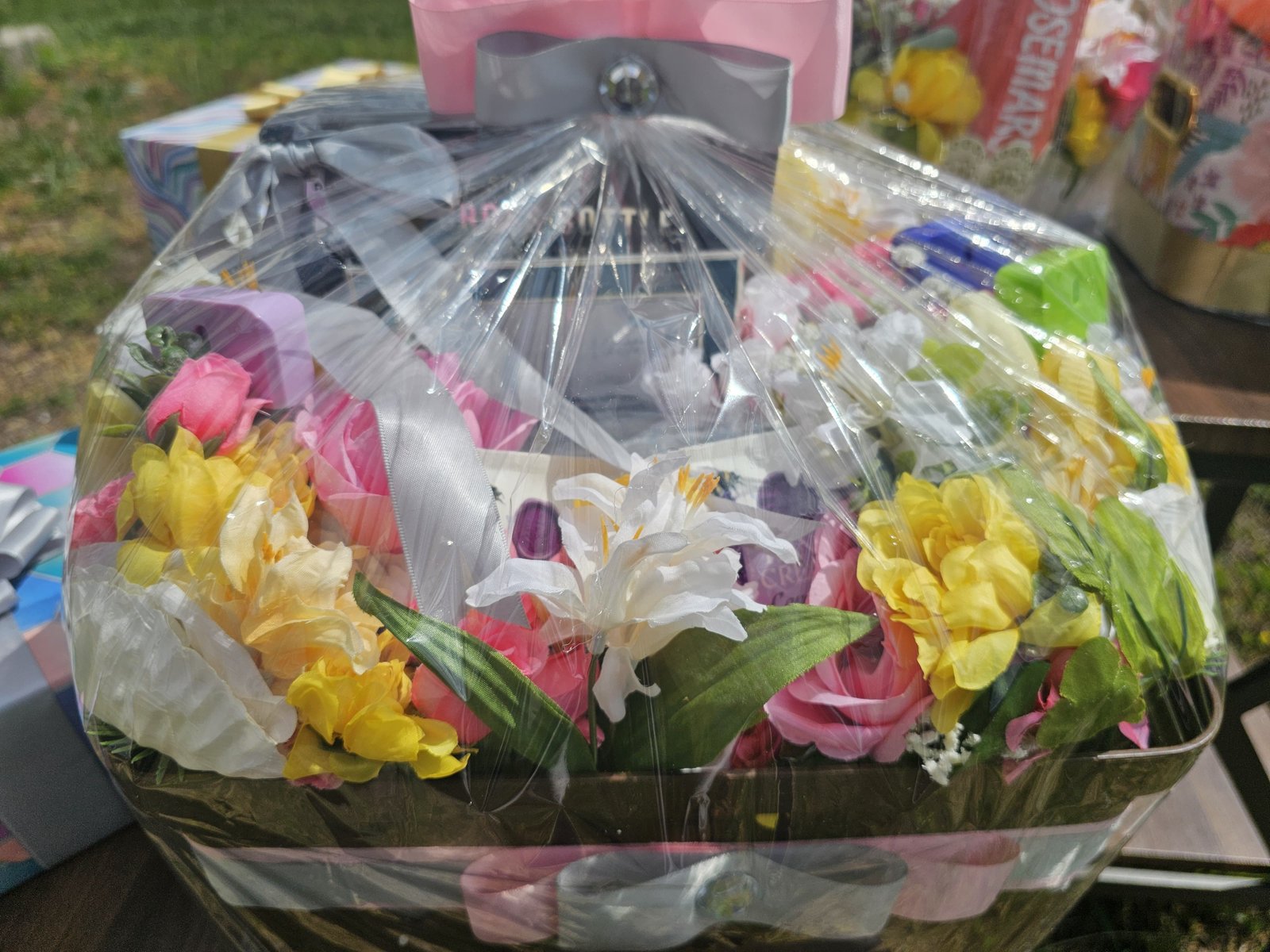Outdoor floral gift basket close-up